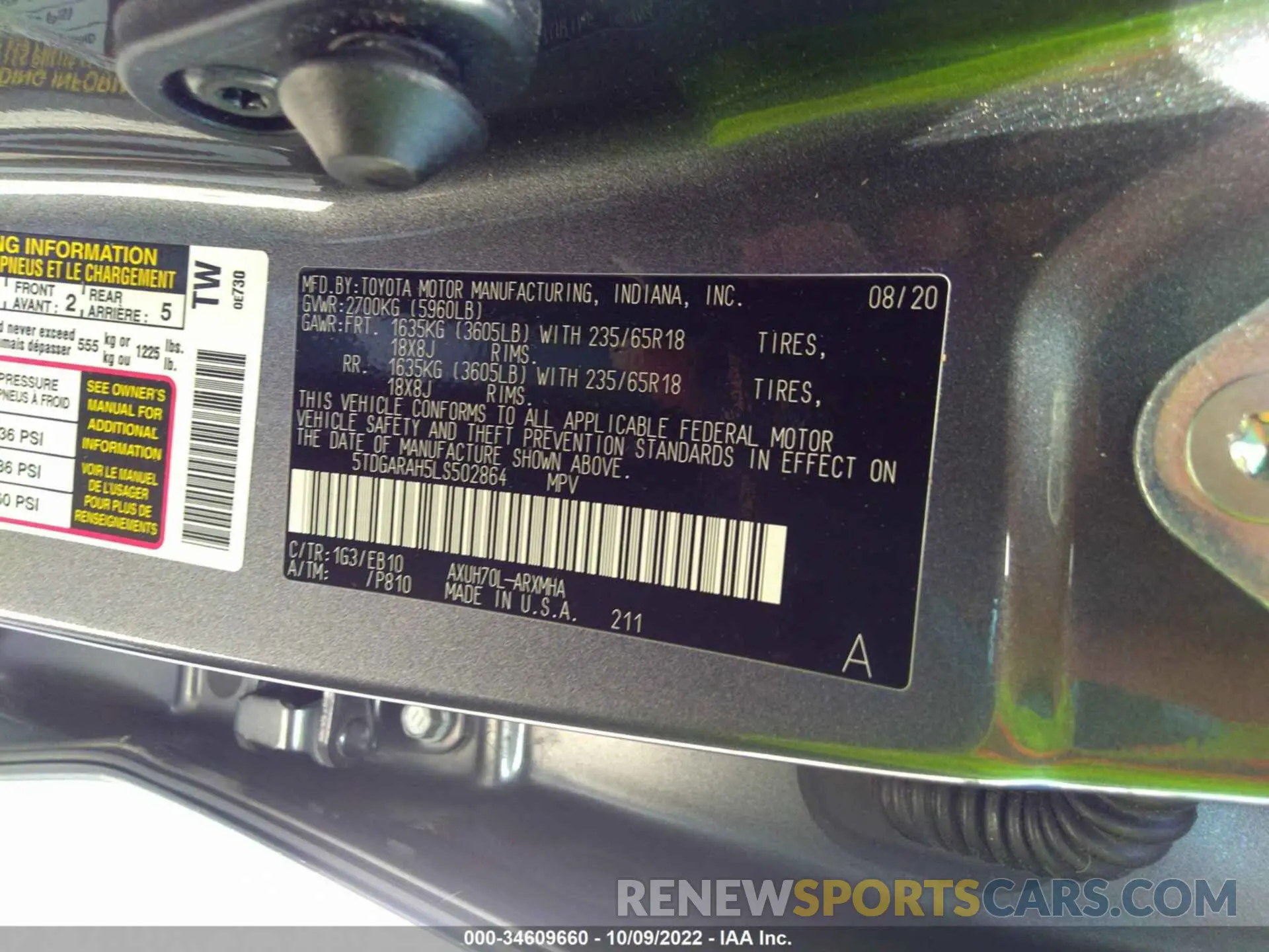 9 fotografías del automóvil dañado 5TDGARAH5LS502864 TOYOTA HIGHLANDER 2020