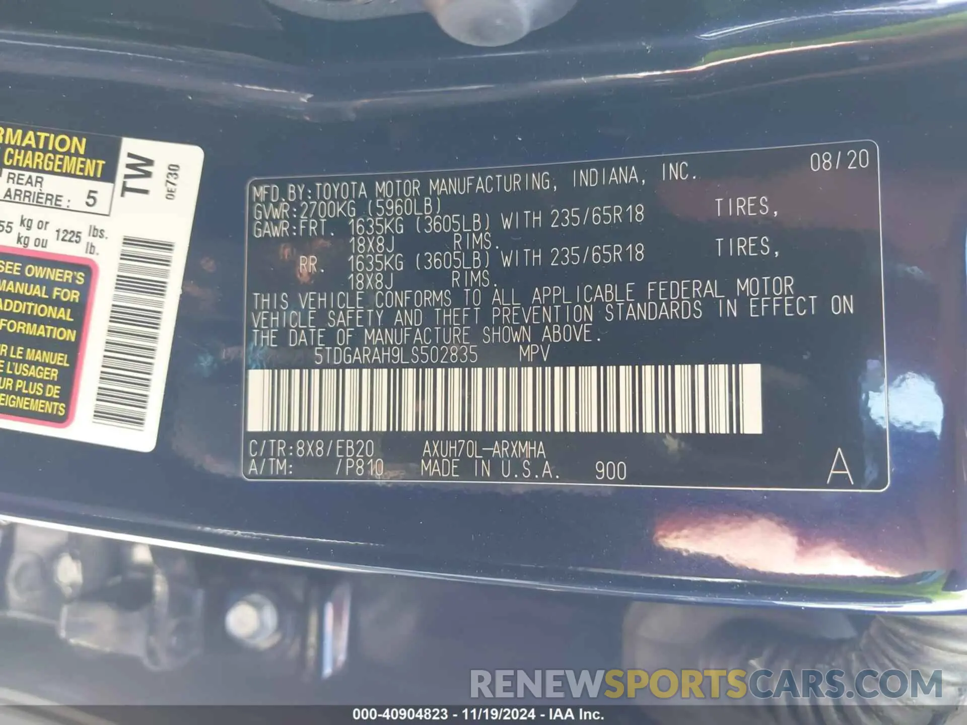 9 fotografías del automóvil dañado 5TDGARAH9LS502835 TOYOTA HIGHLANDER 2020