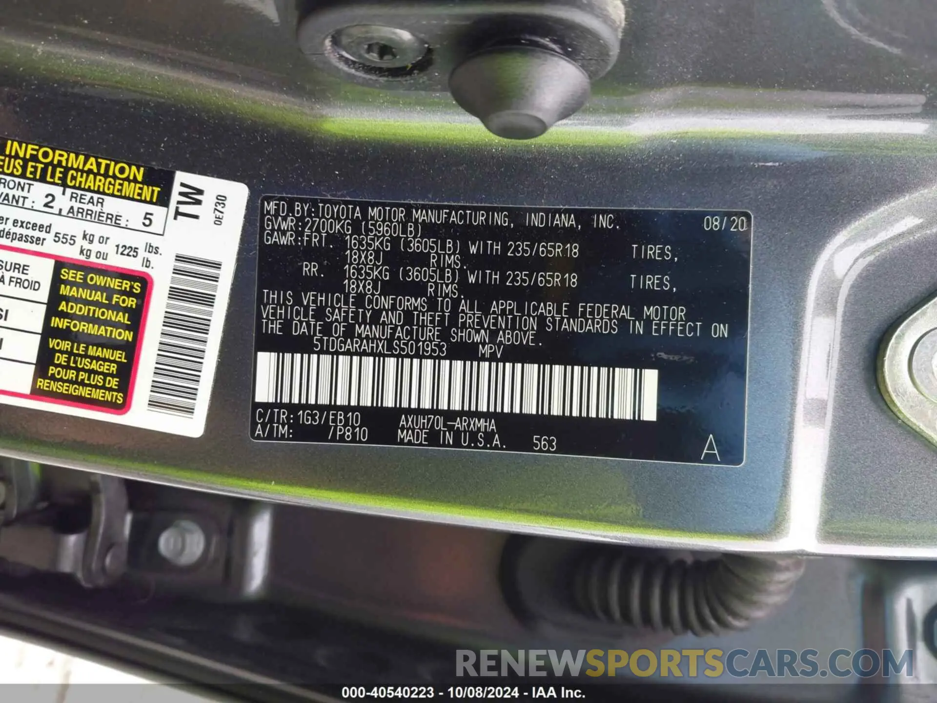 9 fotografías del automóvil dañado 5TDGARAHXLS501953 TOYOTA HIGHLANDER 2020