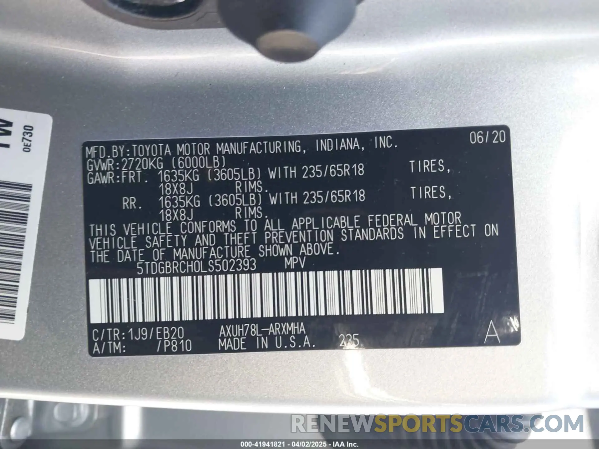 9 fotografías del automóvil dañado 5TDGBRCH0LS502393 TOYOTA HIGHLANDER 2020