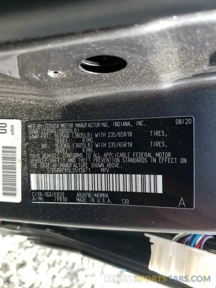 10 fotografías del automóvil dañado 5TDGBRCH5LS512871 TOYOTA HIGHLANDER 2020