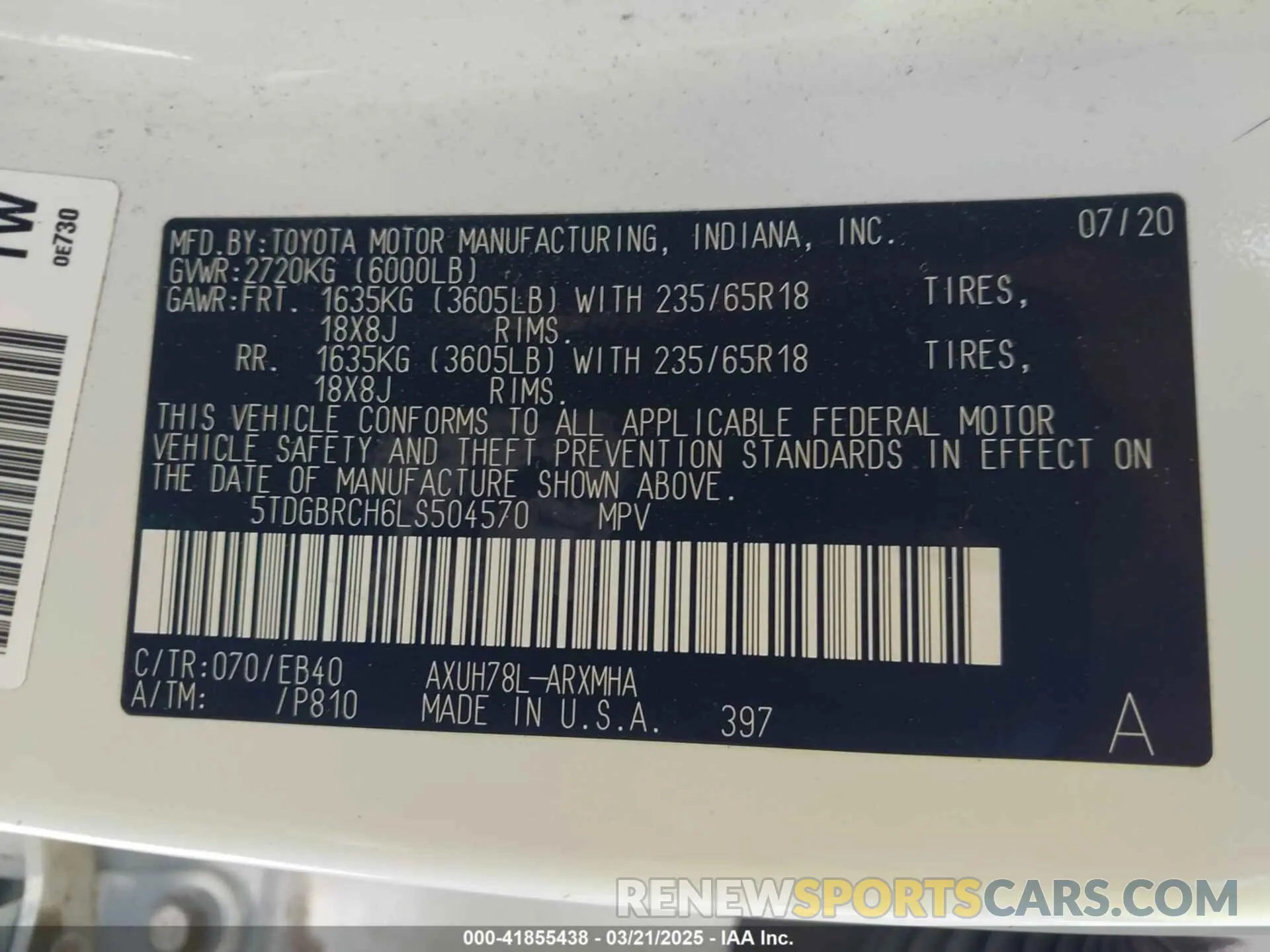 9 fotografías del automóvil dañado 5TDGBRCH6LS504570 TOYOTA HIGHLANDER 2020