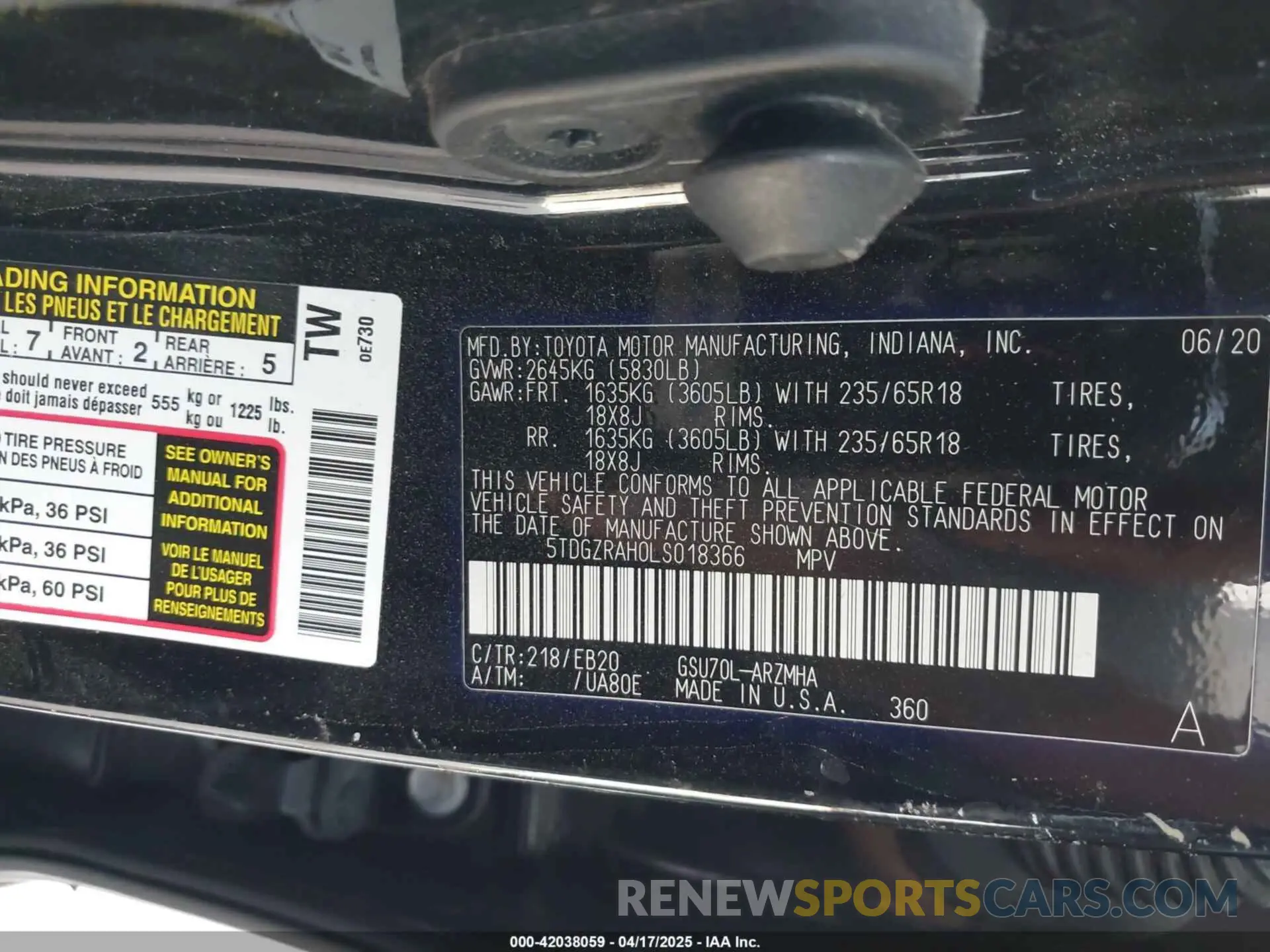 9 fotografías del automóvil dañado 5TDGZRAH0LS018366 TOYOTA HIGHLANDER 2020