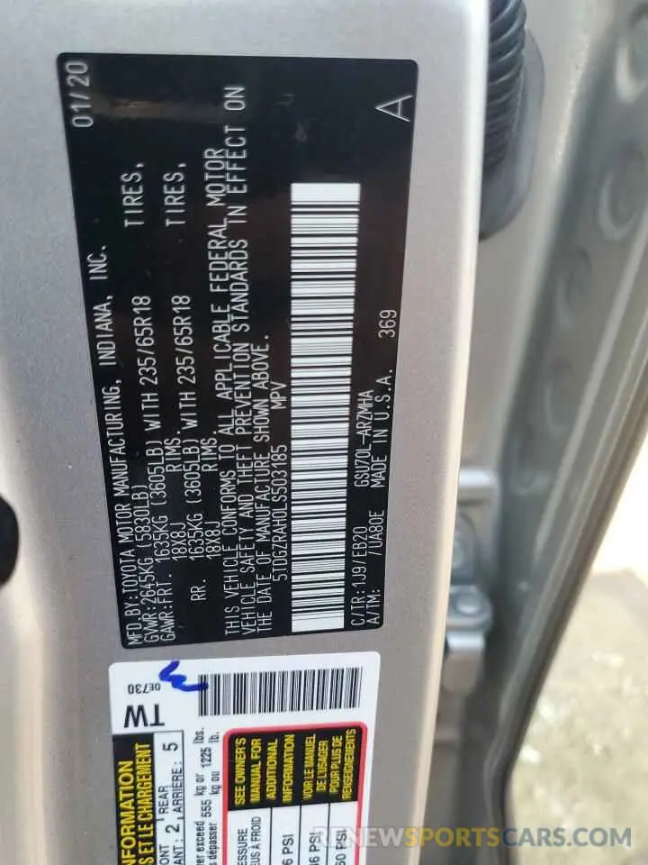 14 fotografías del automóvil dañado 5TDGZRAH0LS503185 TOYOTA HIGHLANDER 2020