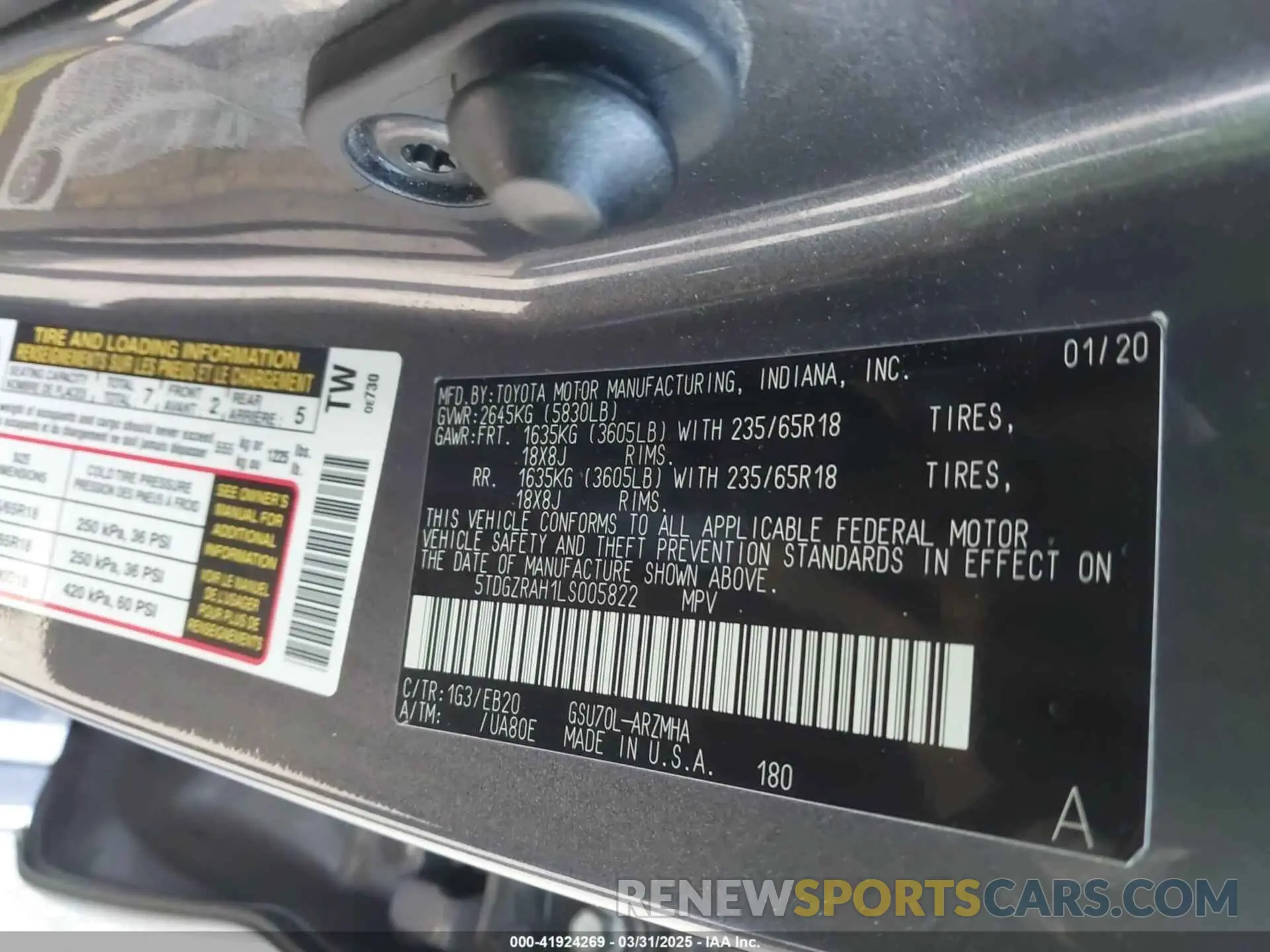 9 fotografías del automóvil dañado 5TDGZRAH1LS005822 TOYOTA HIGHLANDER 2020