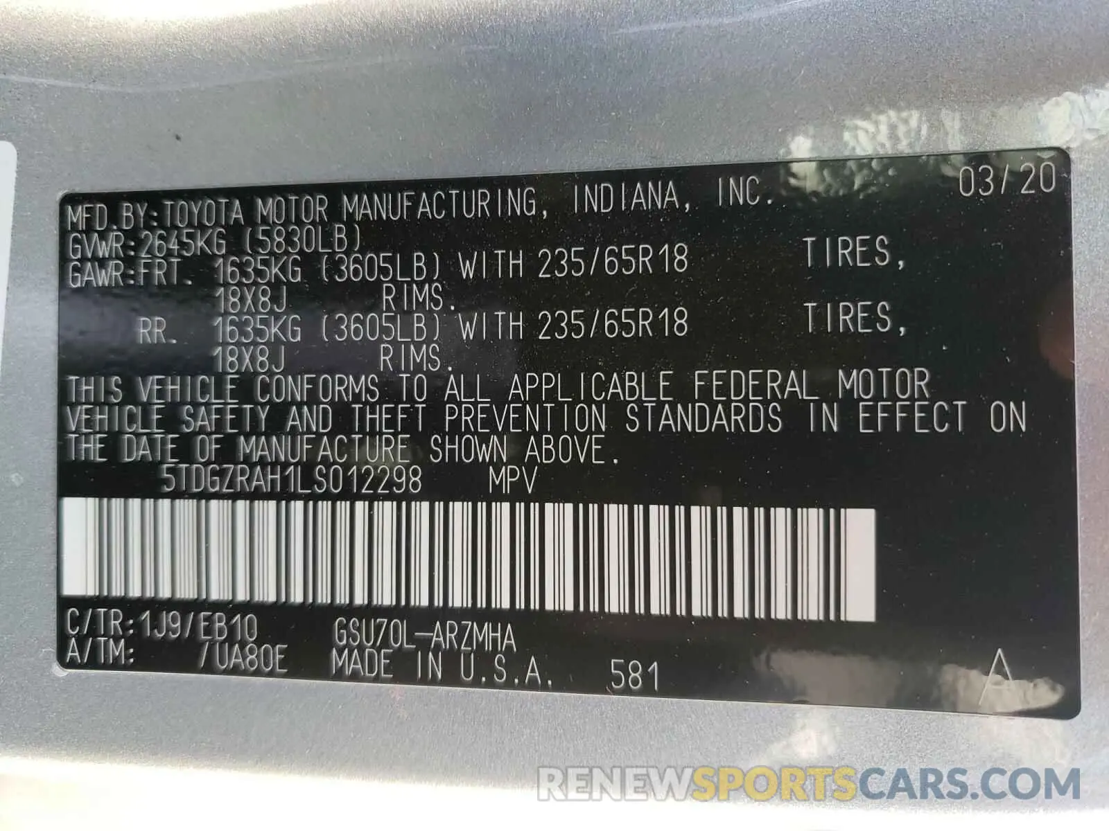 10 fotografías del automóvil dañado 5TDGZRAH1LS012298 TOYOTA HIGHLANDER 2020