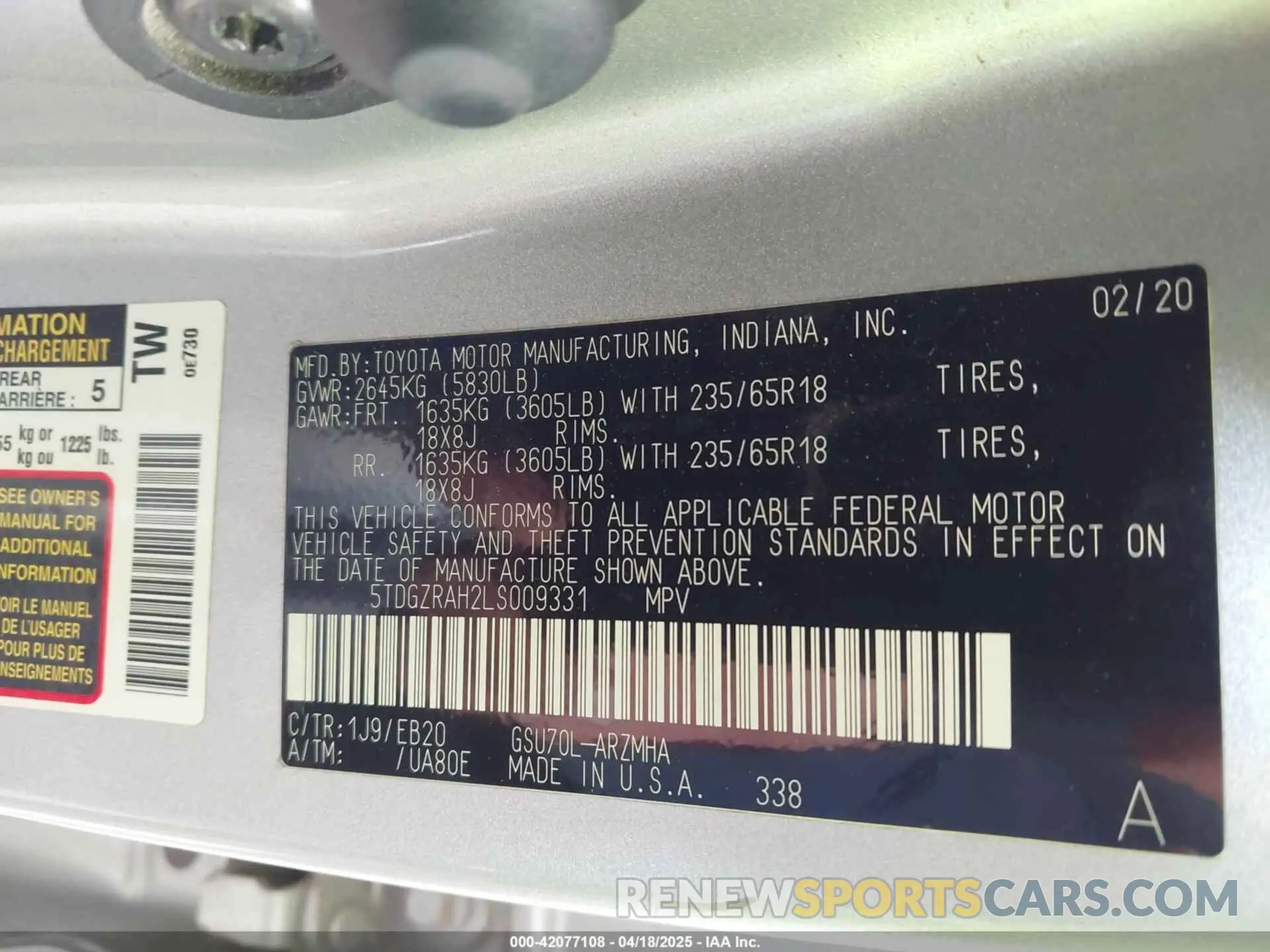 9 fotografías del automóvil dañado 5TDGZRAH2LS009331 TOYOTA HIGHLANDER 2020