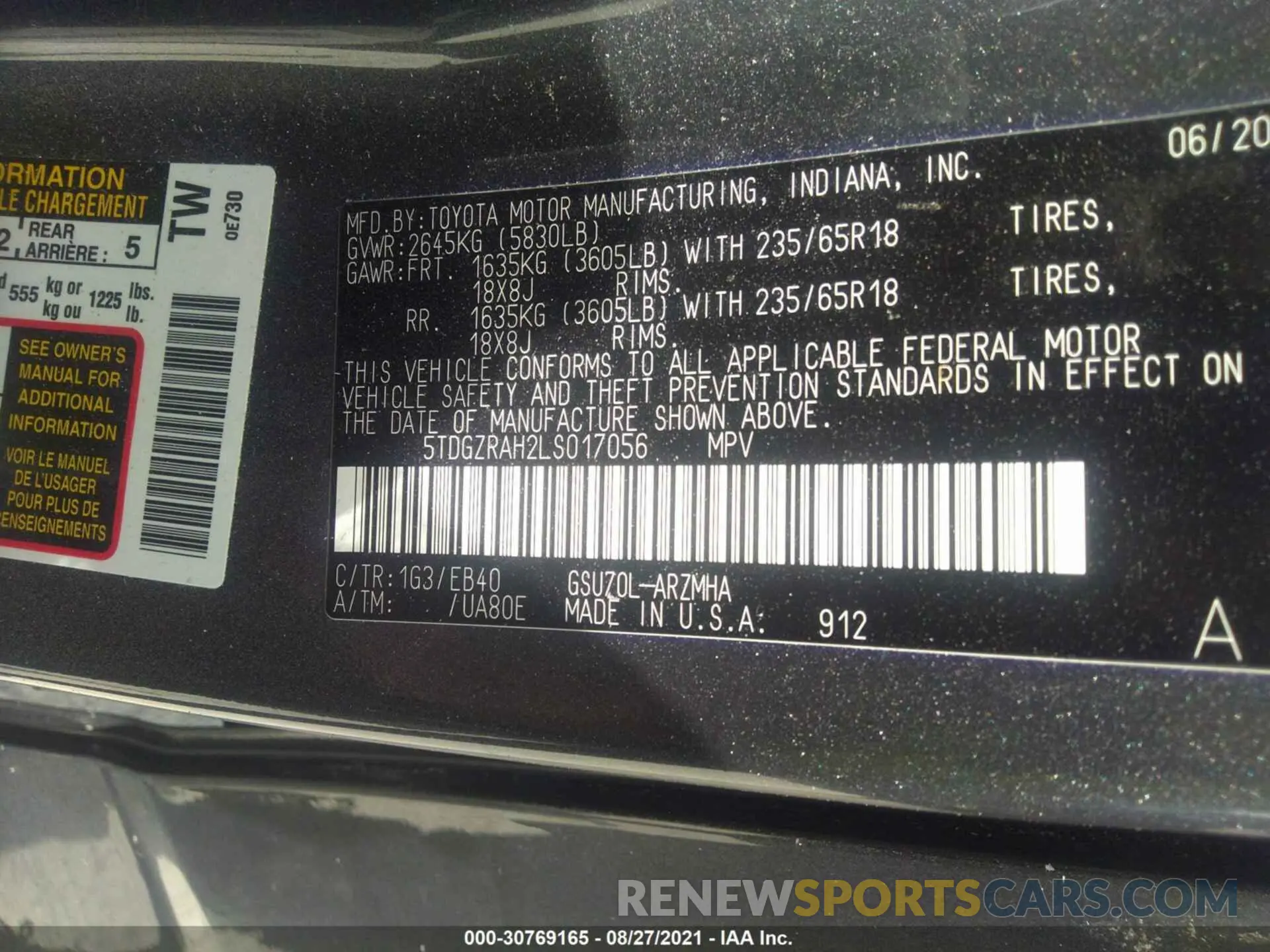 9 fotografías del automóvil dañado 5TDGZRAH2LS017056 TOYOTA HIGHLANDER 2020