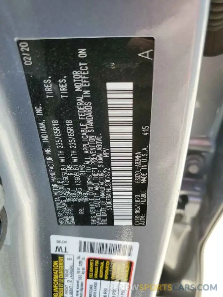14 fotografías del automóvil dañado 5TDGZRAH4LS007872 TOYOTA HIGHLANDER 2020