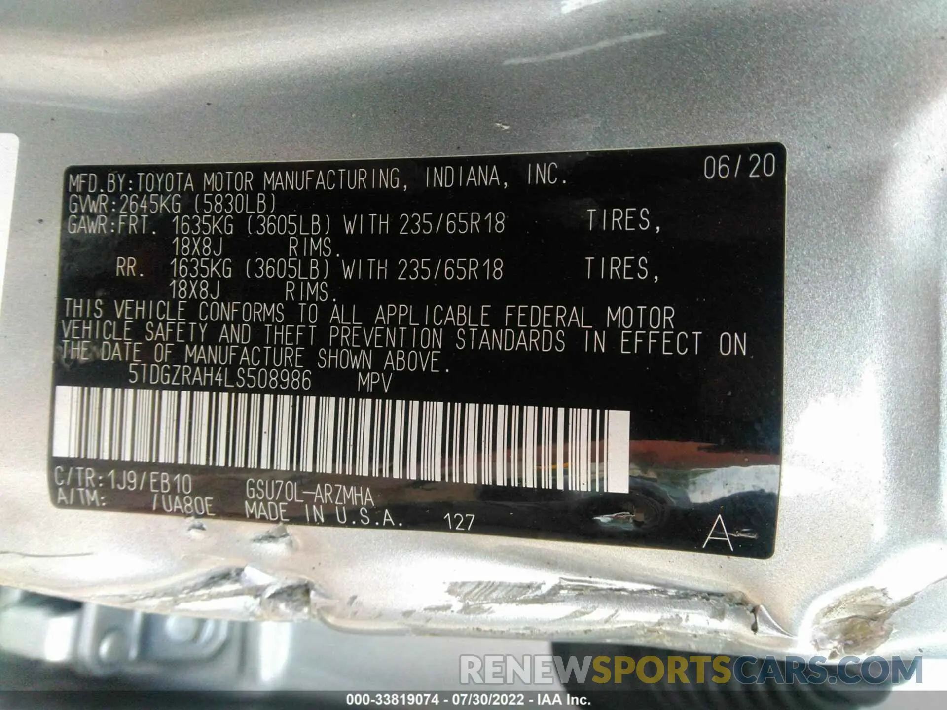 9 fotografías del automóvil dañado 5TDGZRAH4LS508986 TOYOTA HIGHLANDER 2020