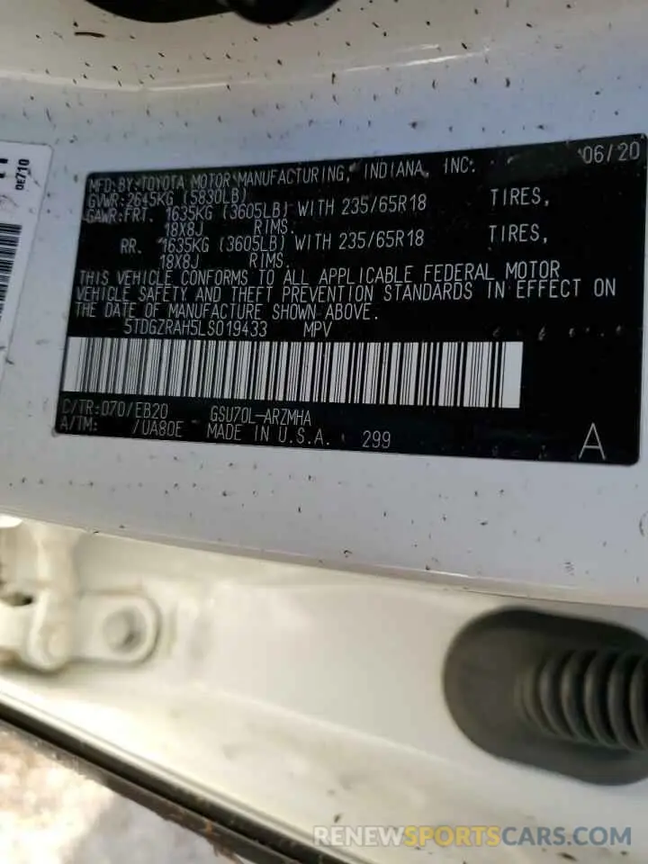 13 fotografías del automóvil dañado 5TDGZRAH5LS019433 TOYOTA HIGHLANDER 2020