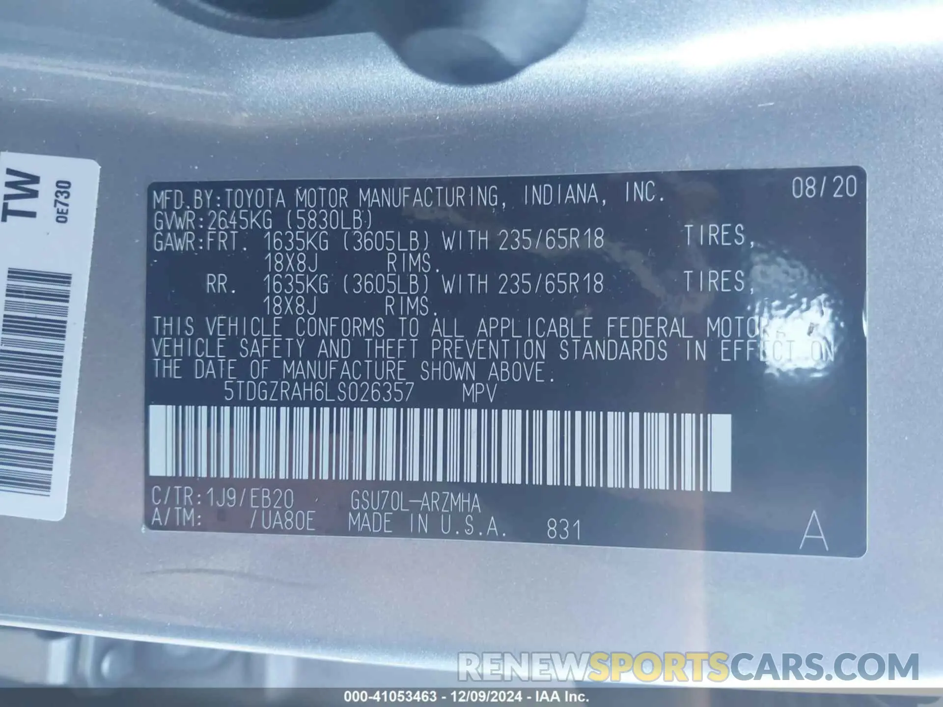 9 fotografías del automóvil dañado 5TDGZRAH6LS026357 TOYOTA HIGHLANDER 2020