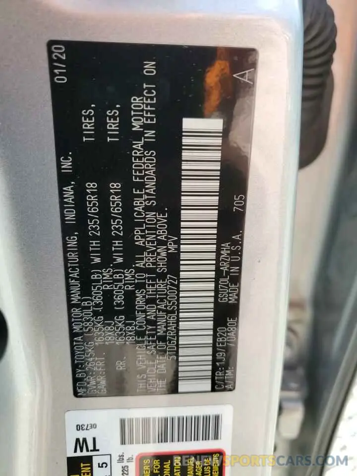 14 fotografías del automóvil dañado 5TDGZRAH6LS500727 TOYOTA HIGHLANDER 2020