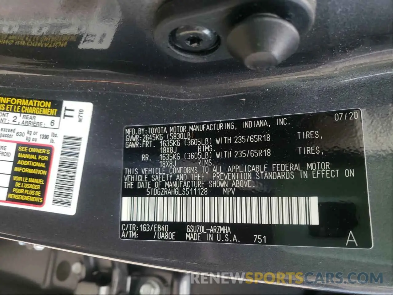 10 fotografías del automóvil dañado 5TDGZRAH6LS511128 TOYOTA HIGHLANDER 2020