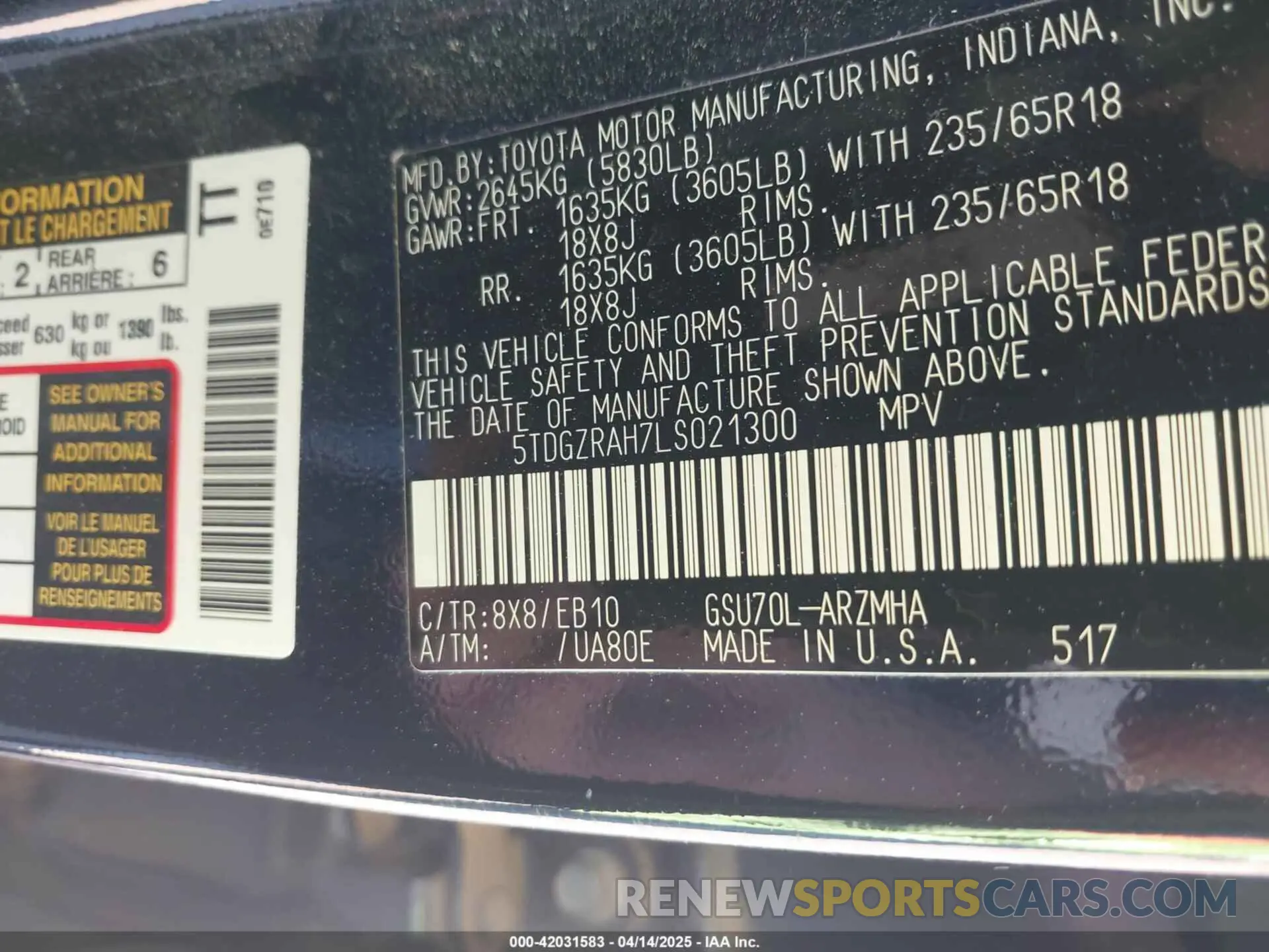 9 fotografías del automóvil dañado 5TDGZRAH7LS021300 TOYOTA HIGHLANDER 2020