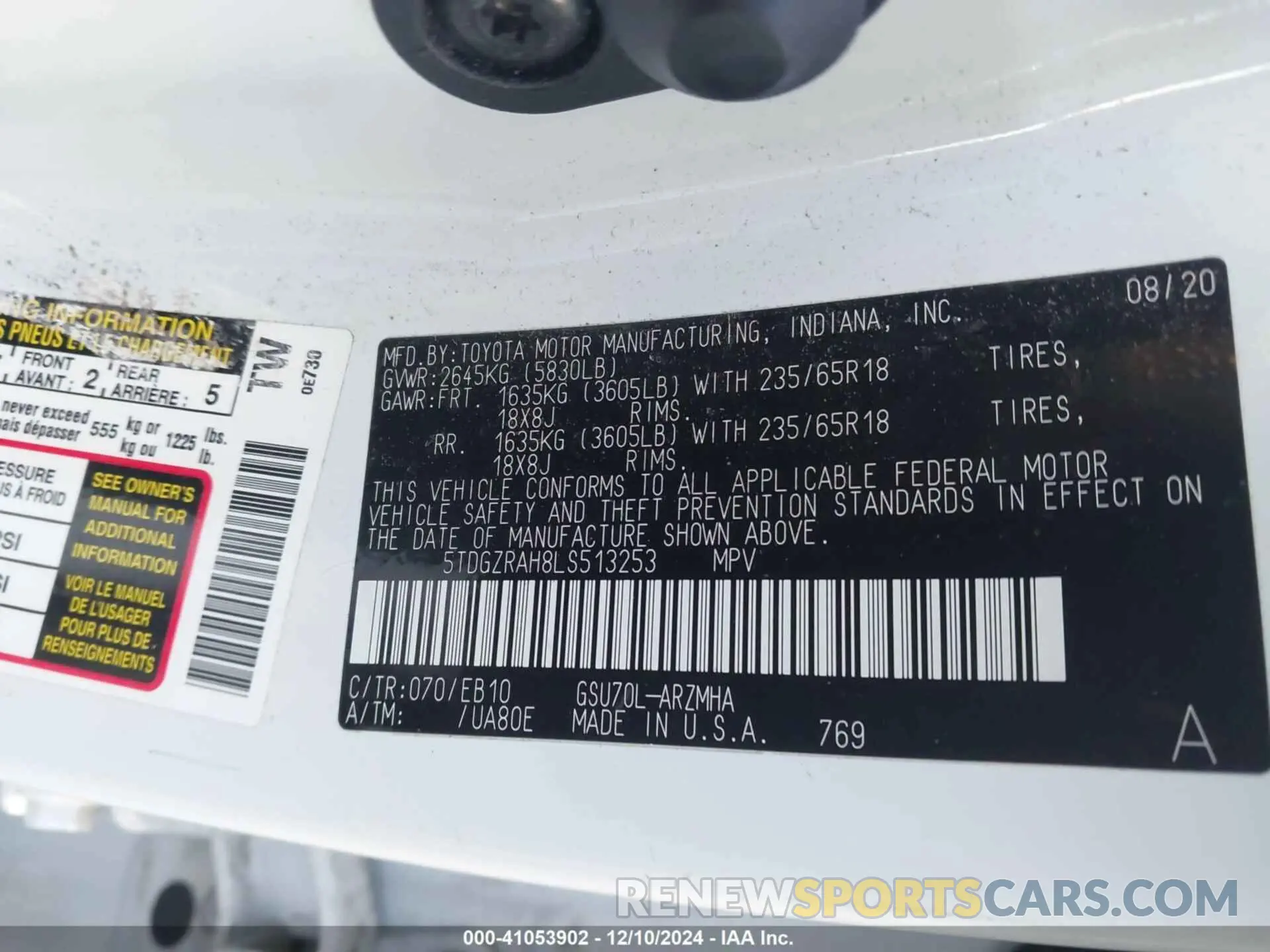 9 fotografías del automóvil dañado 5TDGZRAH8LS513253 TOYOTA HIGHLANDER 2020