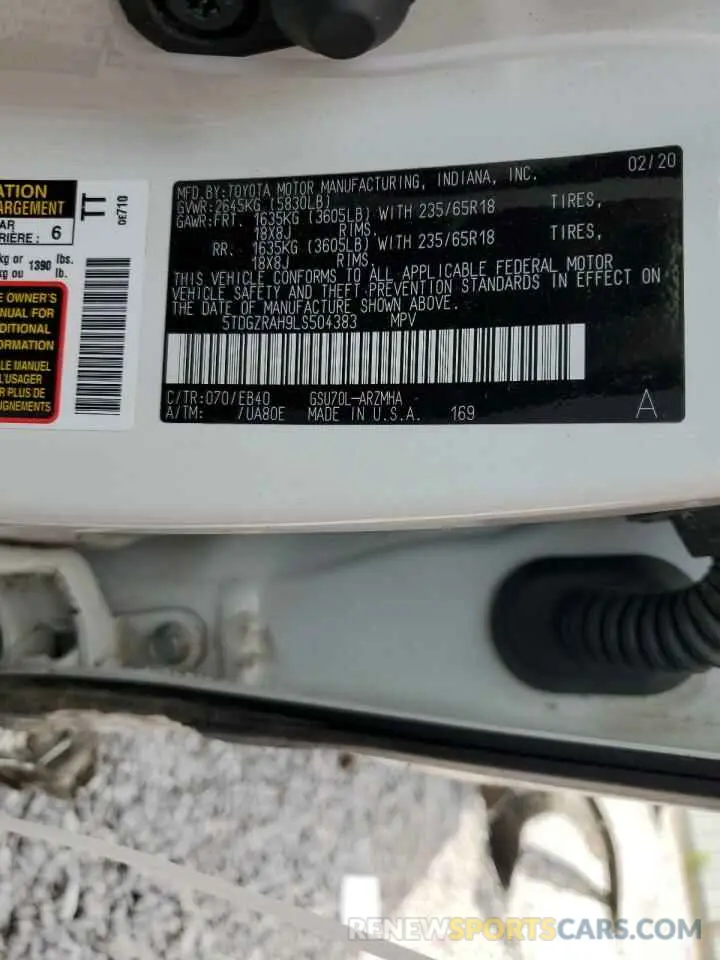 13 fotografías del automóvil dañado 5TDGZRAH9LS504383 TOYOTA HIGHLANDER 2020