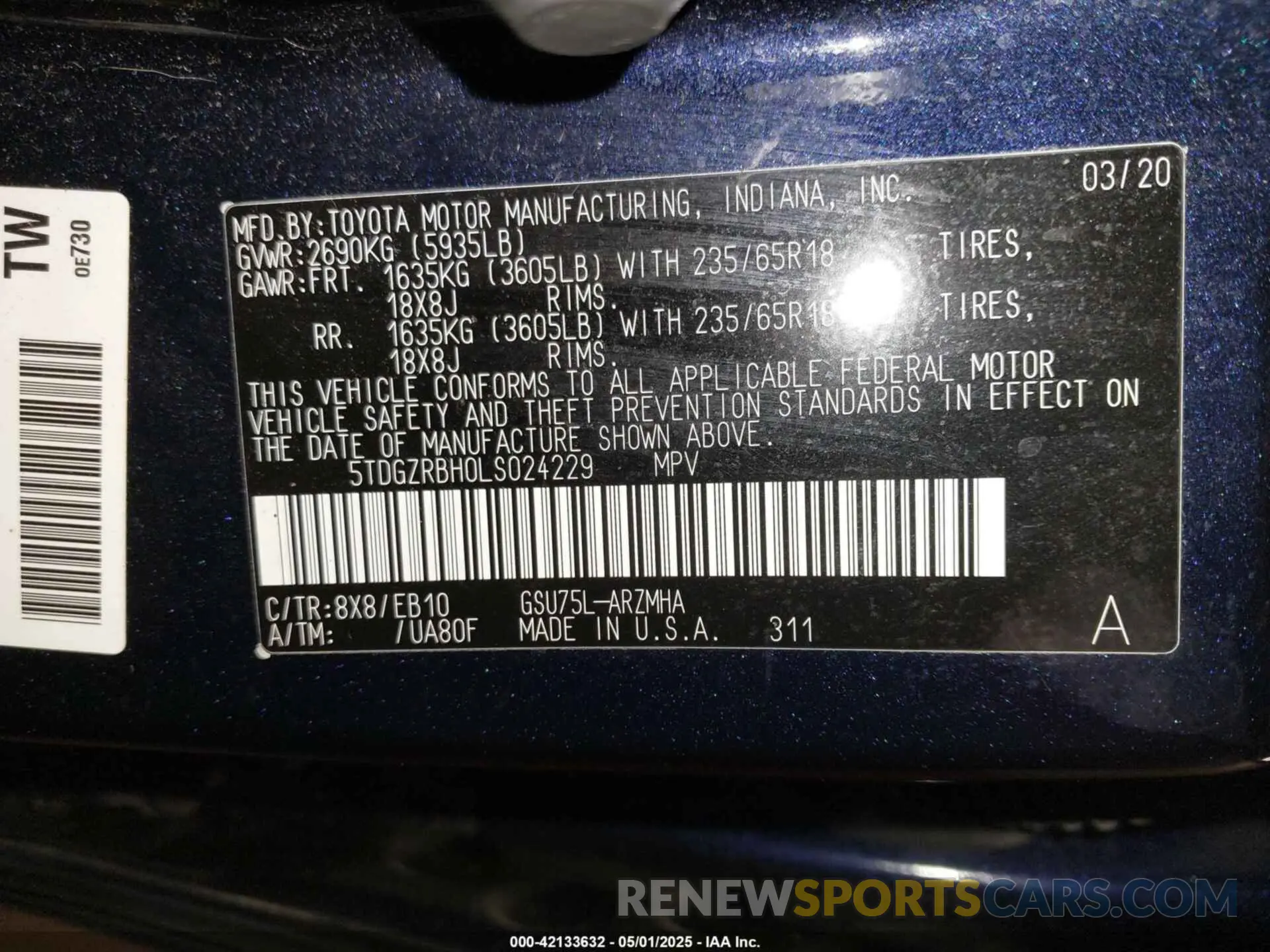 9 fotografías del automóvil dañado 5TDGZRBH0LS024229 TOYOTA HIGHLANDER 2020
