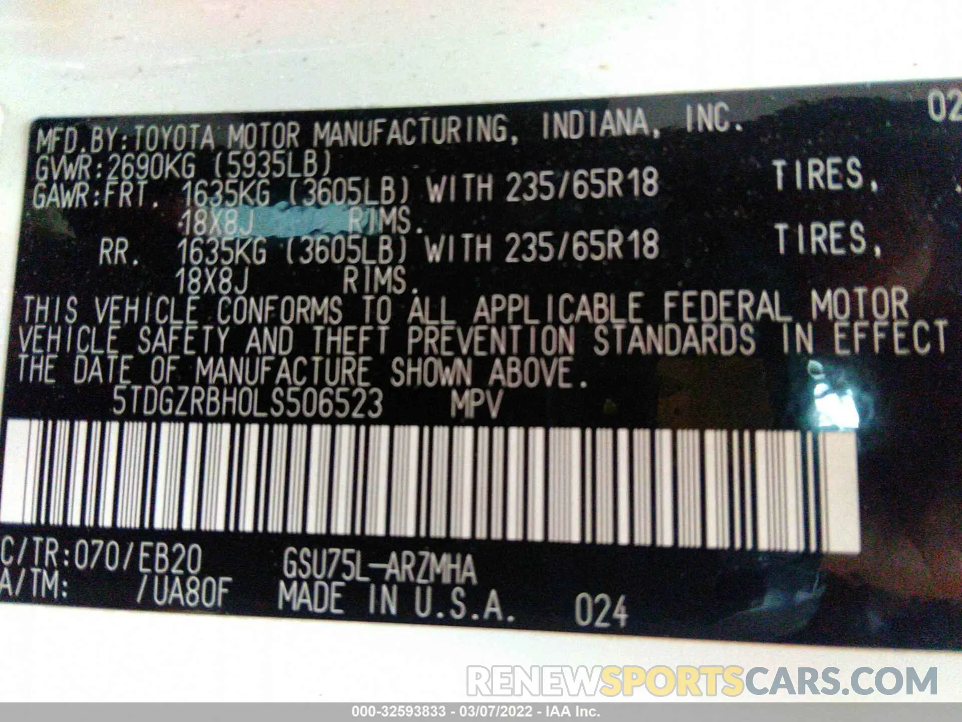 9 fotografías del automóvil dañado 5TDGZRBH0LS506523 TOYOTA HIGHLANDER 2020
