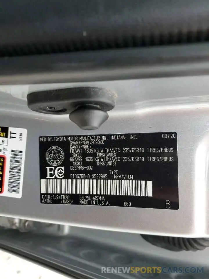 13 fotografías del automóvil dañado 5TDGZRBH0LS522995 TOYOTA HIGHLANDER 2020