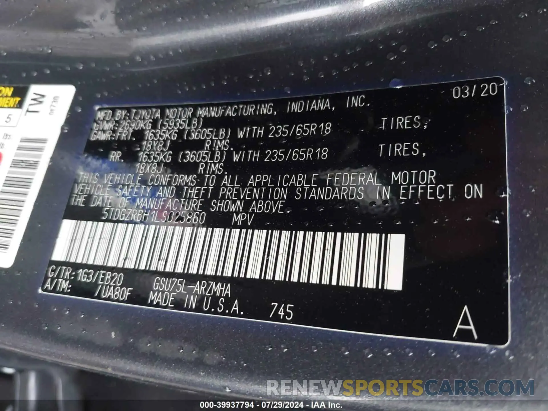 9 fotografías del automóvil dañado 5TDGZRBH1LS025860 TOYOTA HIGHLANDER 2020