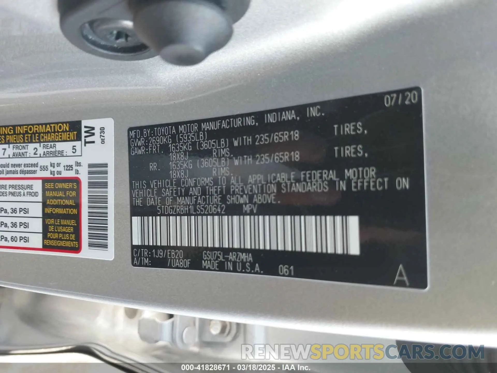 9 fotografías del automóvil dañado 5TDGZRBH1LS520642 TOYOTA HIGHLANDER 2020