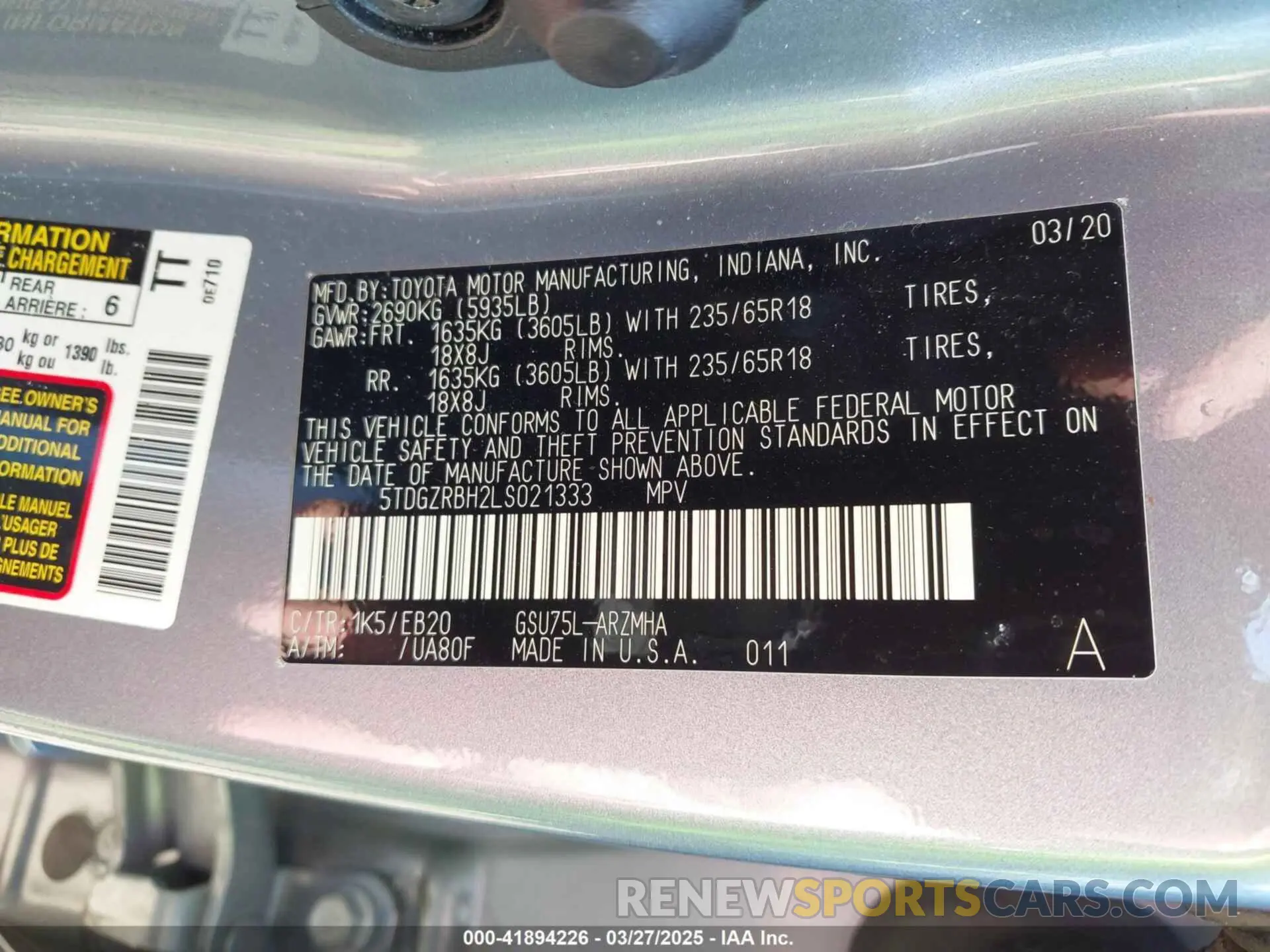 9 fotografías del automóvil dañado 5TDGZRBH2LS021333 TOYOTA HIGHLANDER 2020