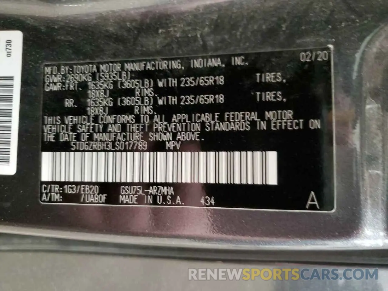 15 fotografías del automóvil dañado 5TDGZRBH3LS017789 TOYOTA HIGHLANDER 2020