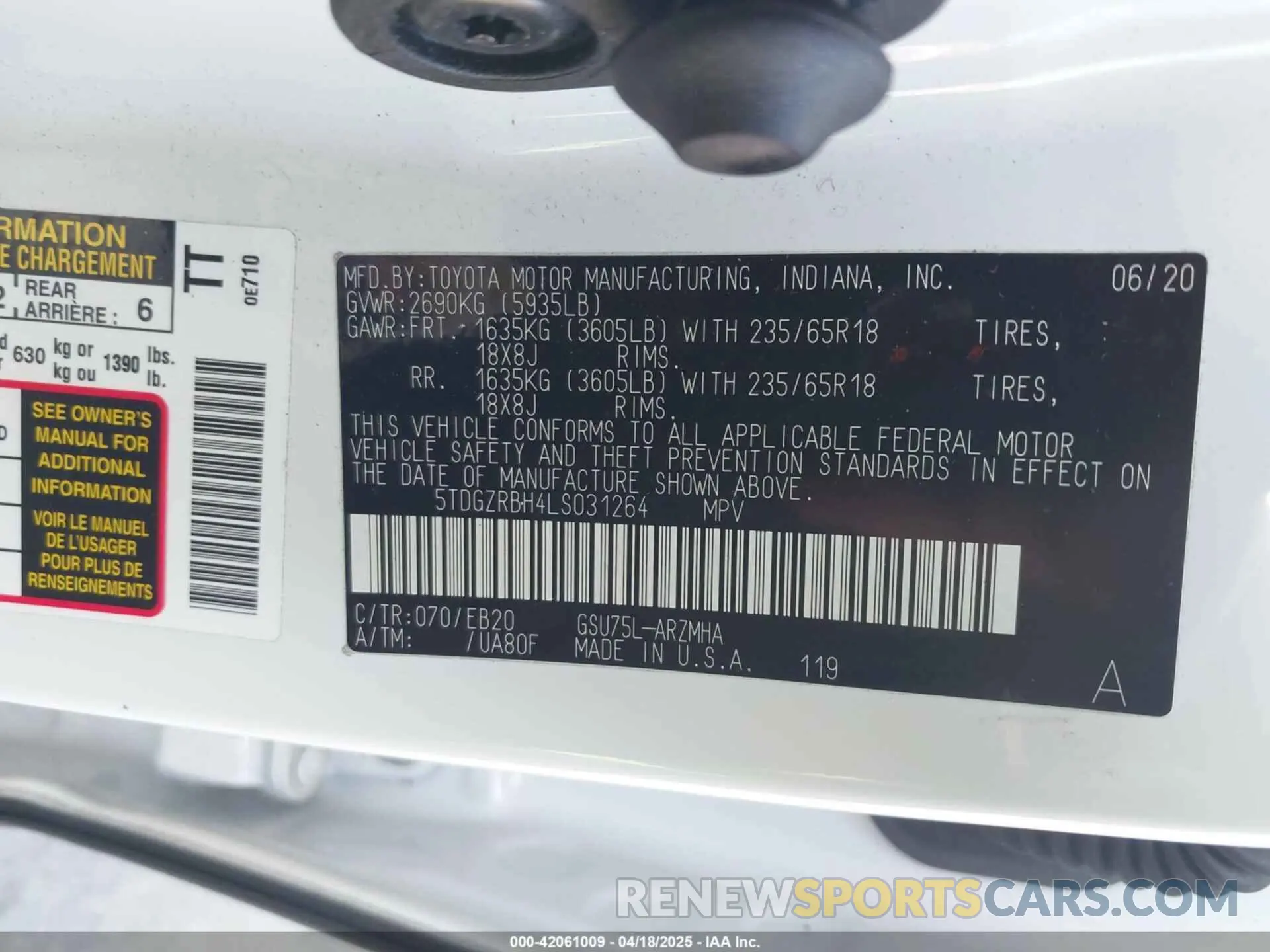 9 fotografías del automóvil dañado 5TDGZRBH4LS031264 TOYOTA HIGHLANDER 2020