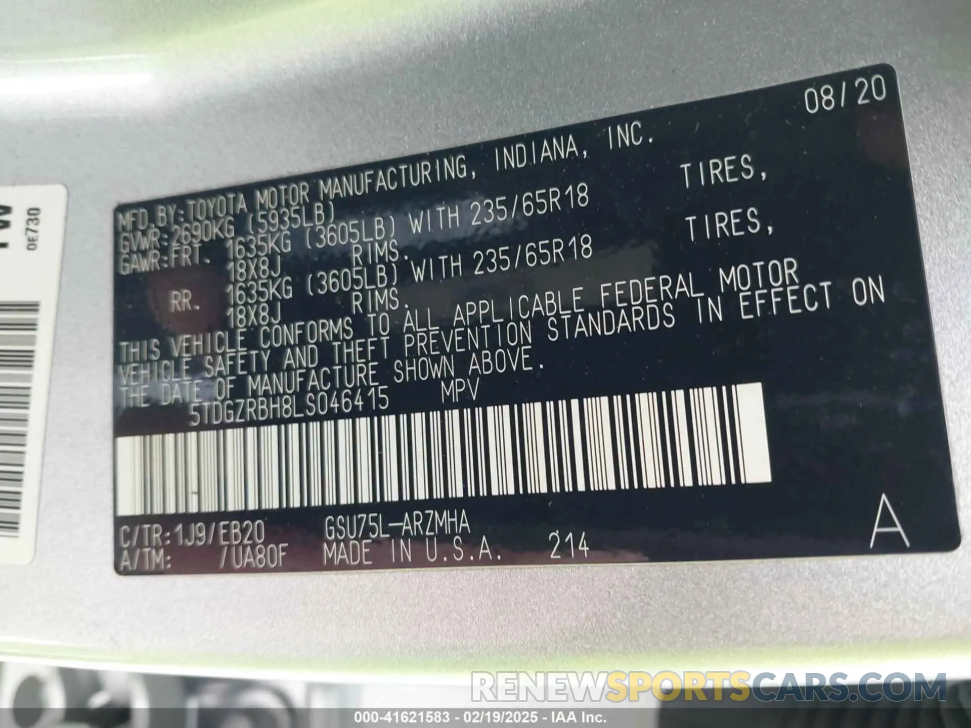 9 fotografías del automóvil dañado 5TDGZRBH8LS046415 TOYOTA HIGHLANDER 2020