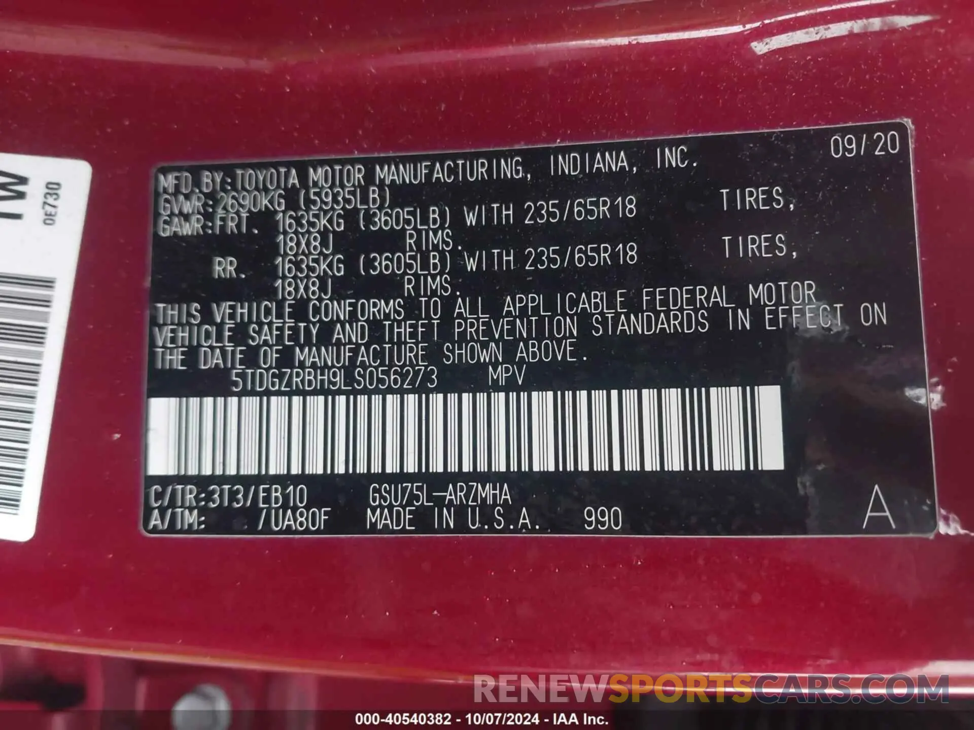 9 fotografías del automóvil dañado 5TDGZRBH9LS056273 TOYOTA HIGHLANDER 2020