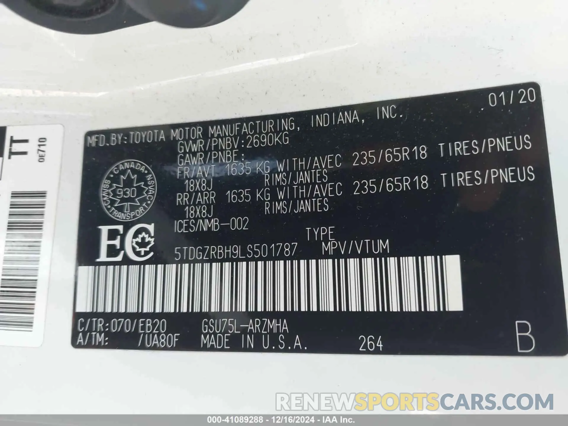 9 fotografías del automóvil dañado 5TDGZRBH9LS501787 TOYOTA HIGHLANDER 2020