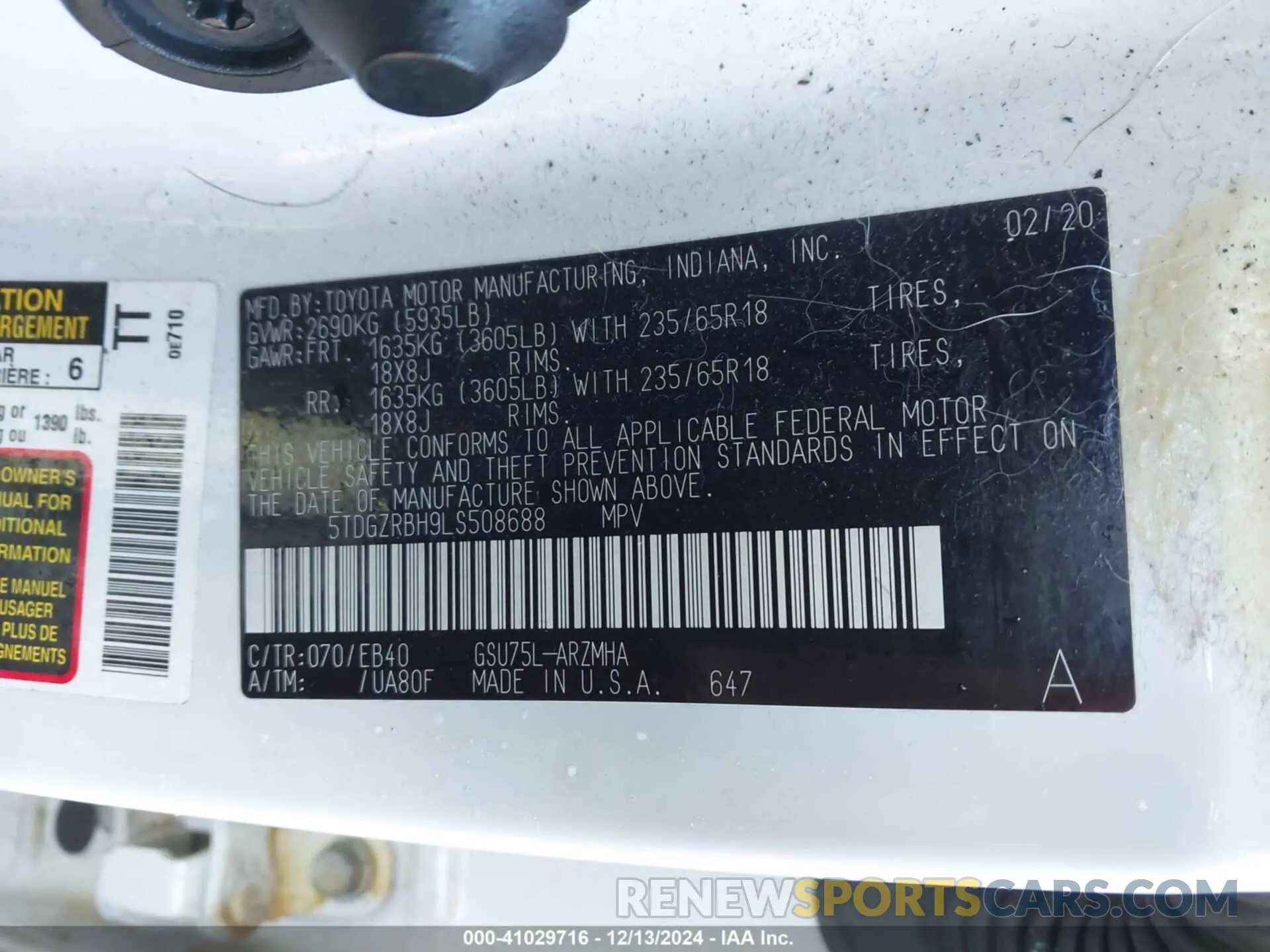 9 fotografías del automóvil dañado 5TDGZRBH9LS508688 TOYOTA HIGHLANDER 2020
