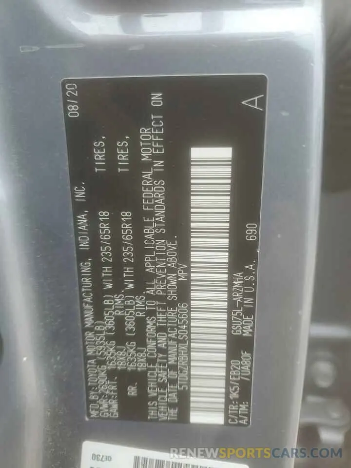 15 fotografías del automóvil dañado 5TDGZRBHXLS045606 TOYOTA HIGHLANDER 2020