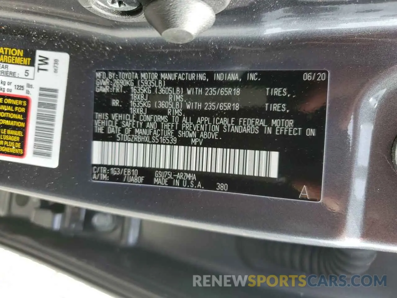 13 fotografías del automóvil dañado 5TDGZRBHXLS516539 TOYOTA HIGHLANDER 2020