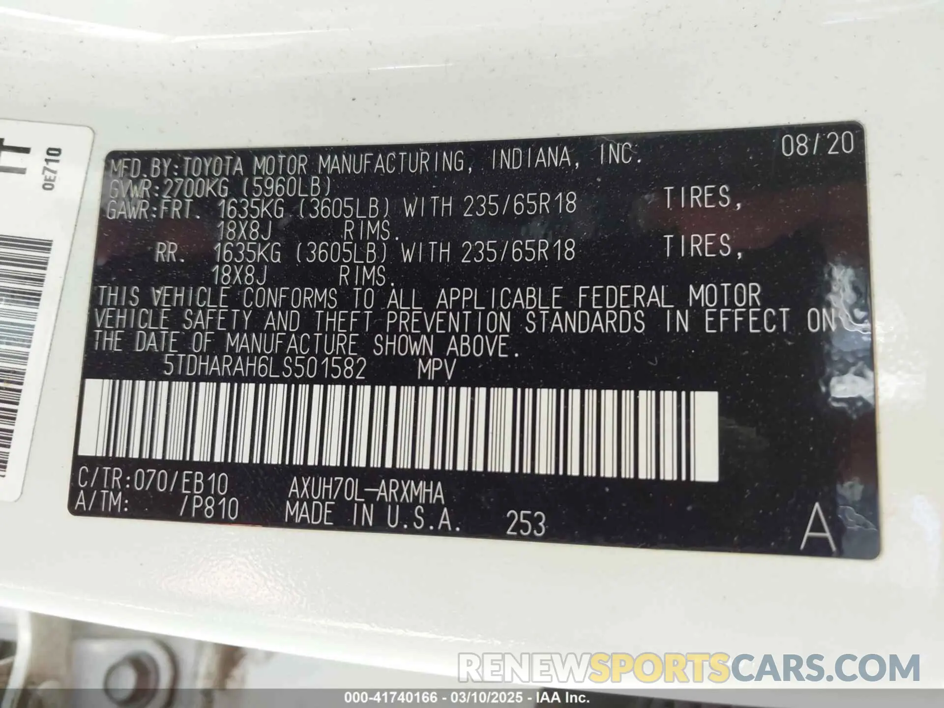 9 fotografías del automóvil dañado 5TDHARAH6LS501582 TOYOTA HIGHLANDER 2020