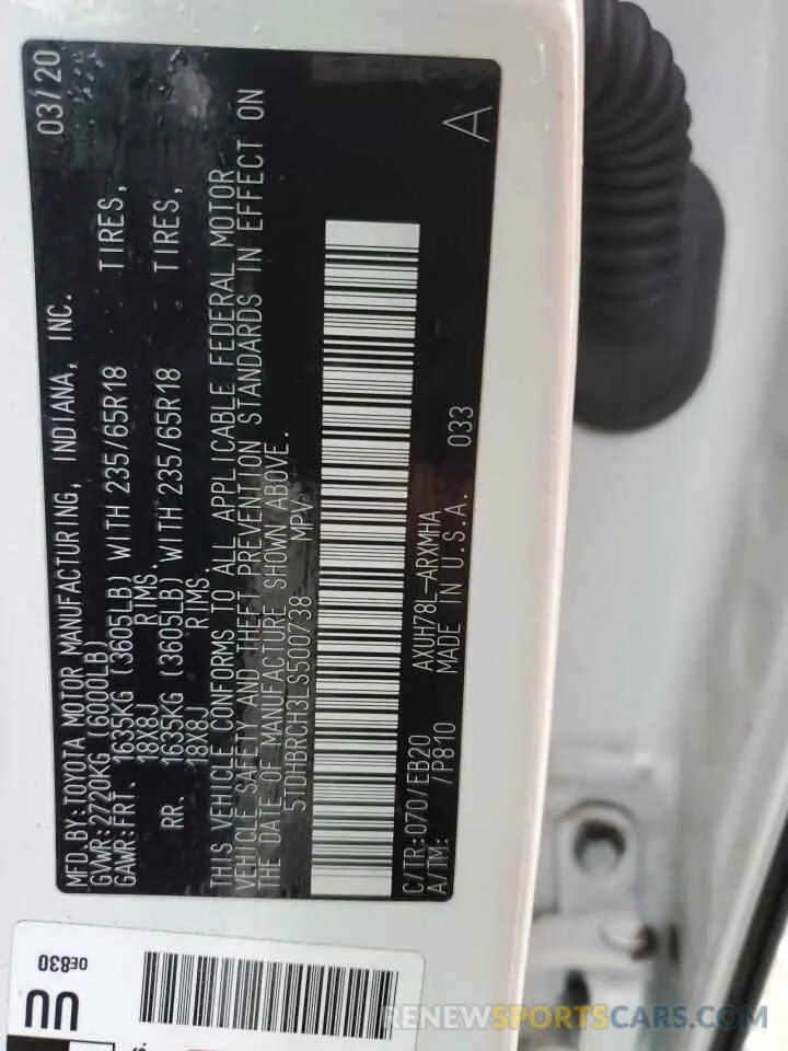 13 fotografías del automóvil dañado 5TDHBRCH3LS500738 TOYOTA HIGHLANDER 2020
