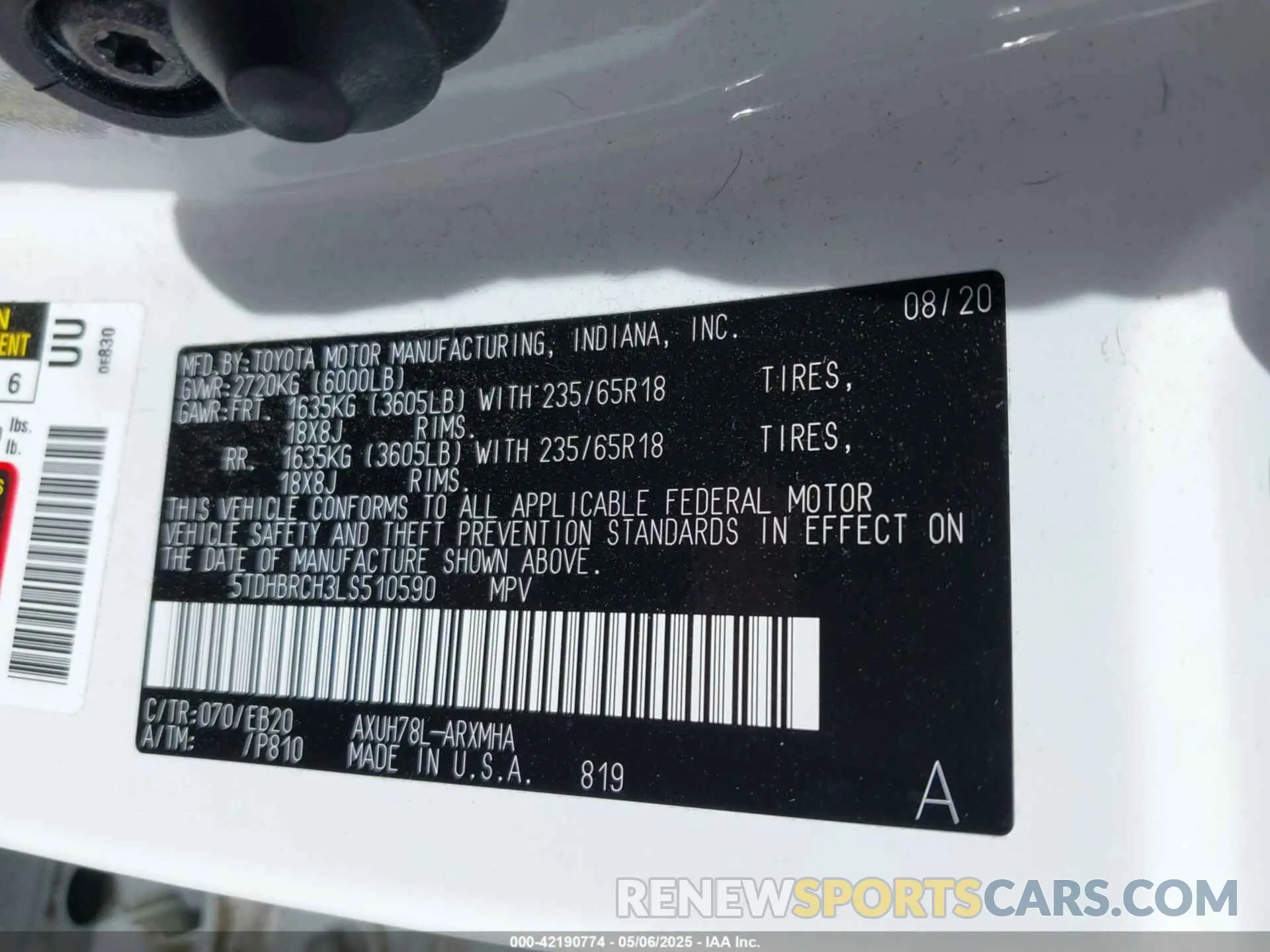 9 fotografías del automóvil dañado 5TDHBRCH3LS510590 TOYOTA HIGHLANDER 2020