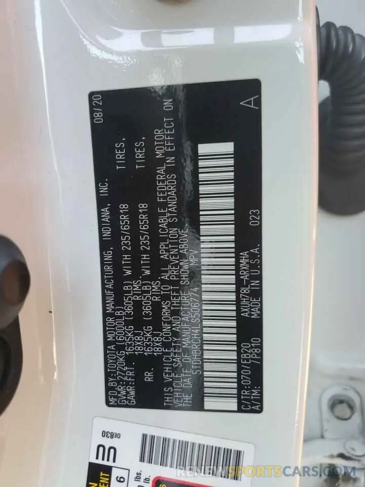 13 fotografías del automóvil dañado 5TDHBRCH4LS506774 TOYOTA HIGHLANDER 2020