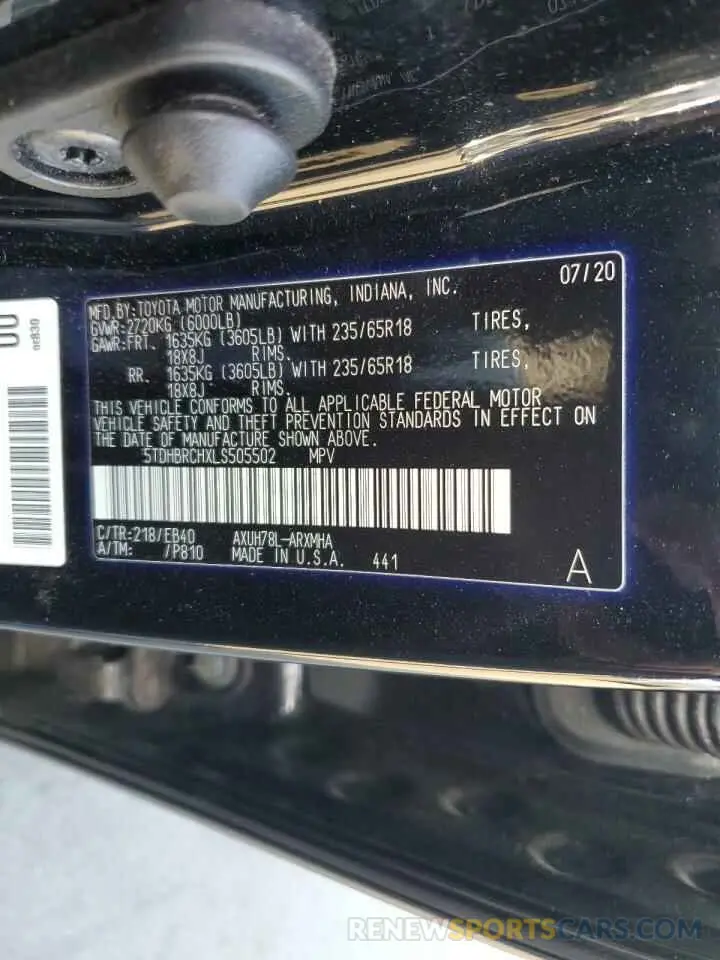 12 fotografías del automóvil dañado 5TDHBRCHXLS505502 TOYOTA HIGHLANDER 2020