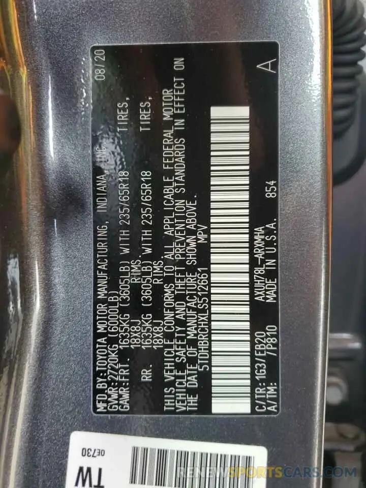14 fotografías del automóvil dañado 5TDHBRCHXLS512661 TOYOTA HIGHLANDER 2020