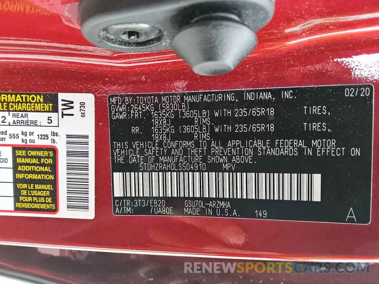 14 fotografías del automóvil dañado 5TDHZRAH0LS504910 TOYOTA HIGHLANDER 2020
