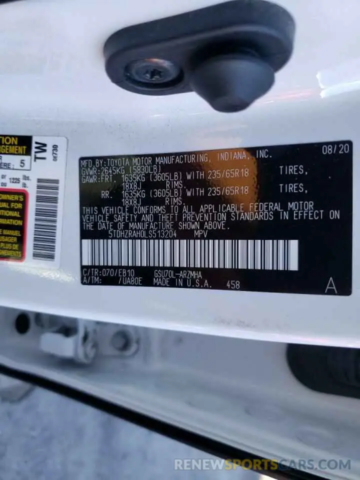 10 fotografías del automóvil dañado 5TDHZRAH0LS513204 TOYOTA HIGHLANDER 2020