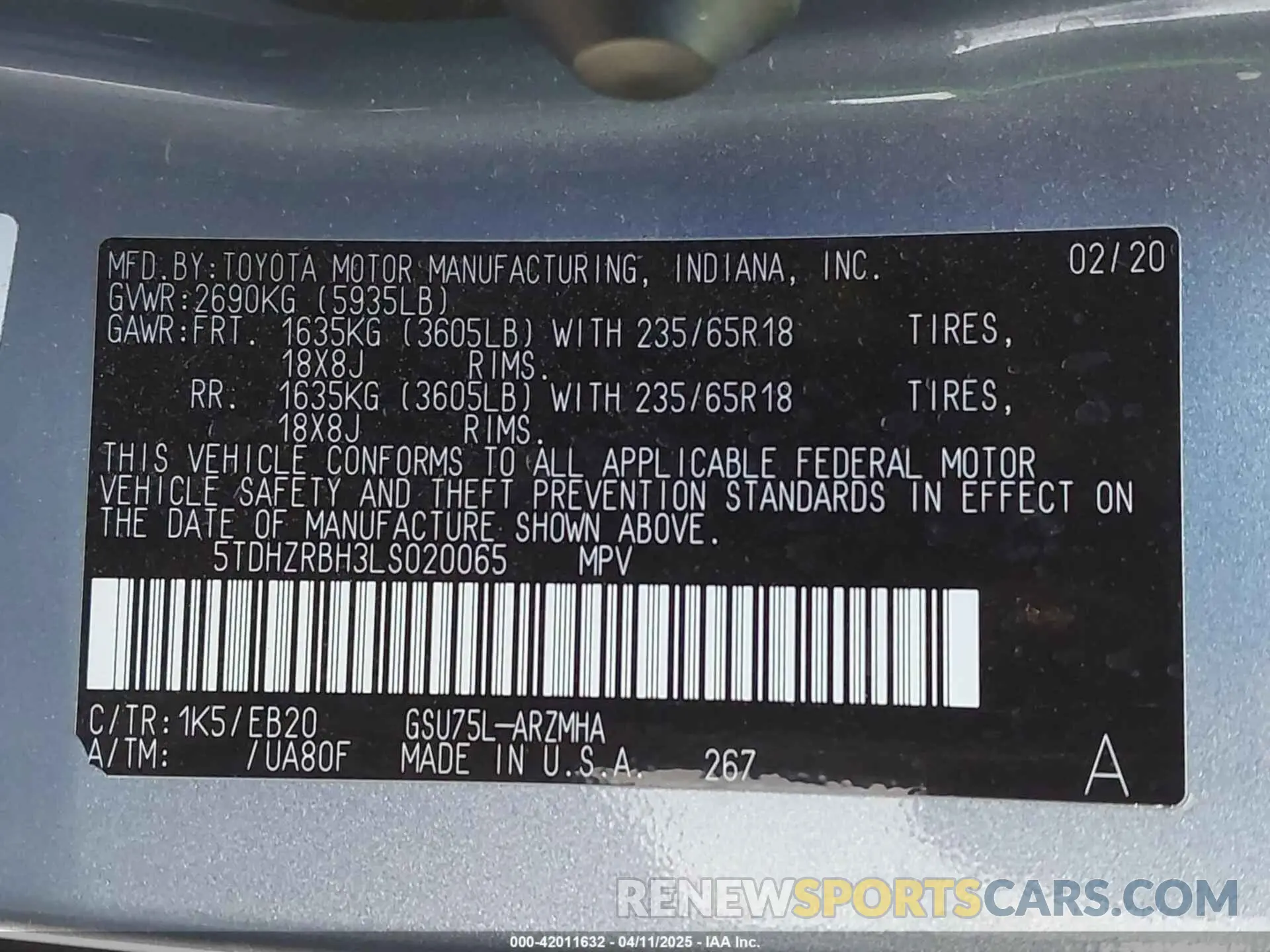 9 fotografías del automóvil dañado 5TDHZRBH3LS020065 TOYOTA HIGHLANDER 2020