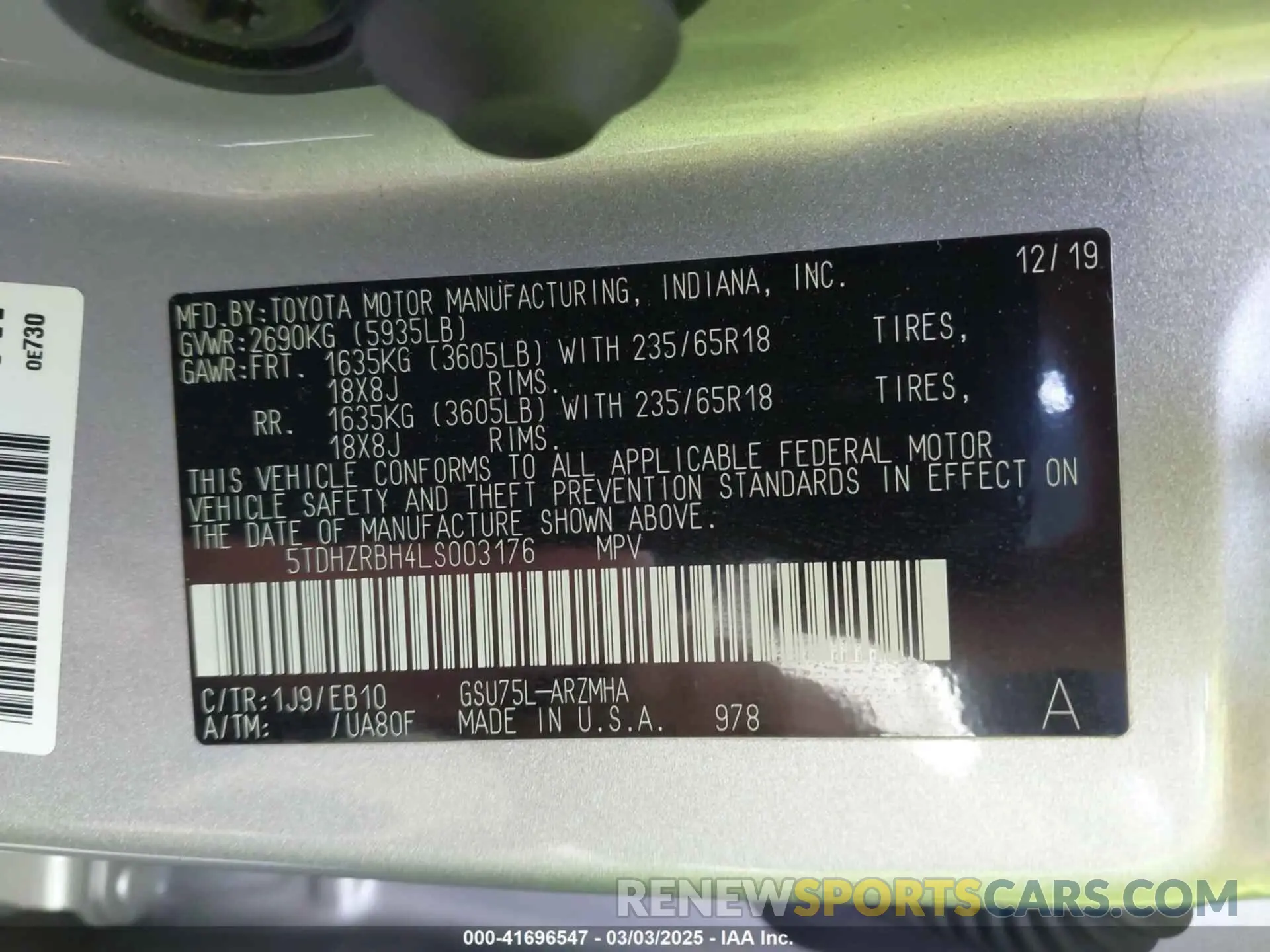 9 fotografías del automóvil dañado 5TDHZRBH4LS003176 TOYOTA HIGHLANDER 2020