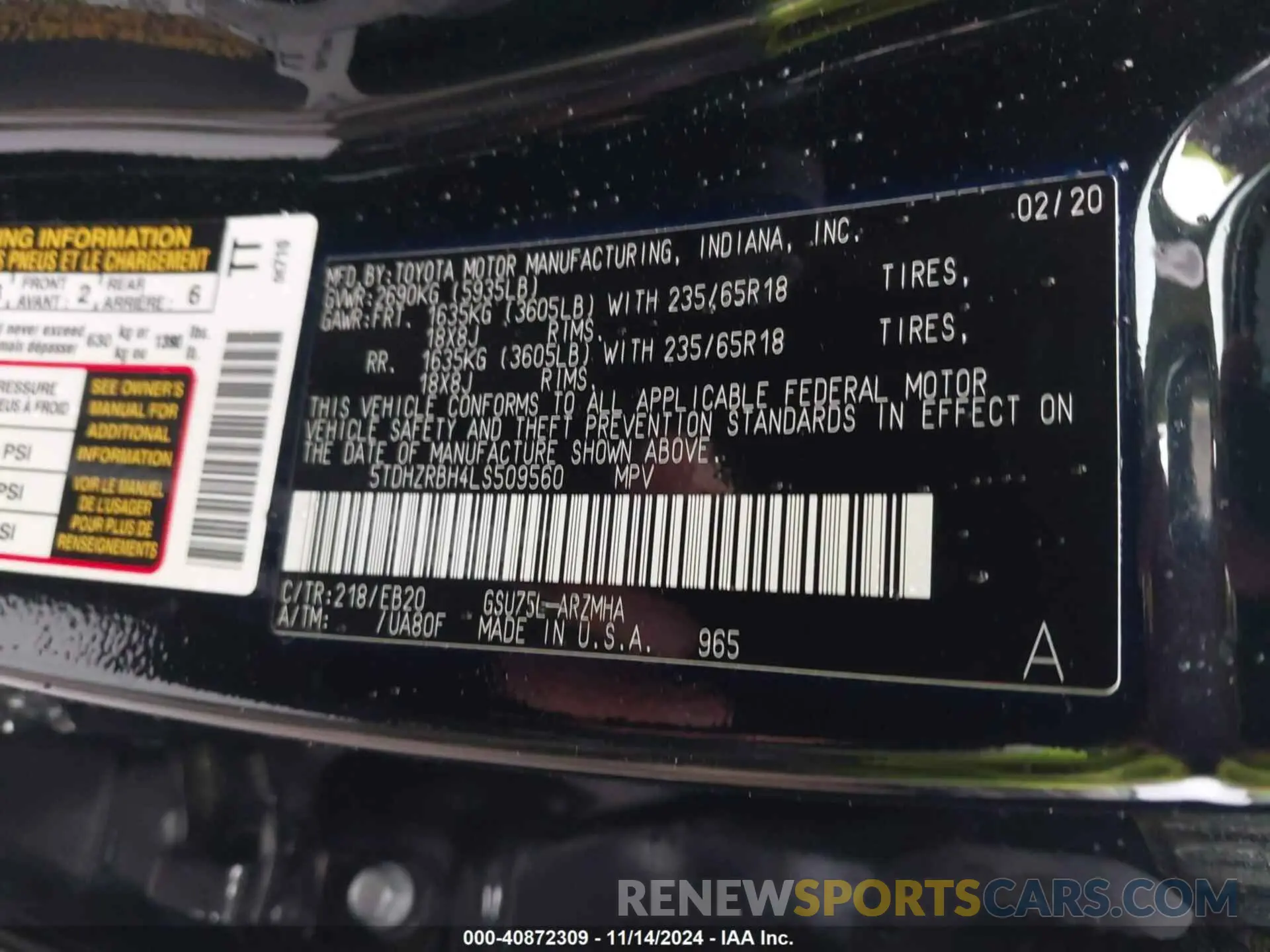 9 fotografías del automóvil dañado 5TDHZRBH4LS509560 TOYOTA HIGHLANDER 2020