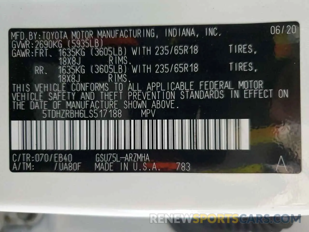 14 fotografías del automóvil dañado 5TDHZRBH6LS517188 TOYOTA HIGHLANDER 2020