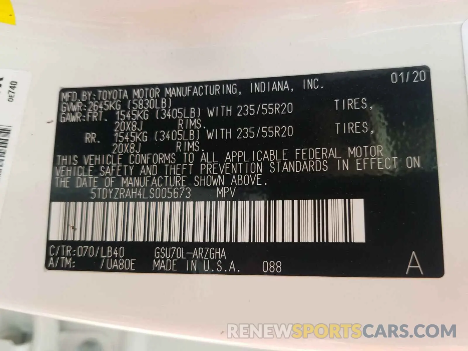 10 fotografías del automóvil dañado 5TDYZRAH4LS005673 TOYOTA HIGHLANDER 2020
