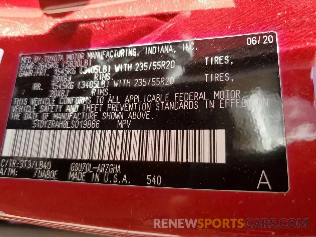 13 fotografías del automóvil dañado 5TDYZRAH8LS019866 TOYOTA HIGHLANDER 2020