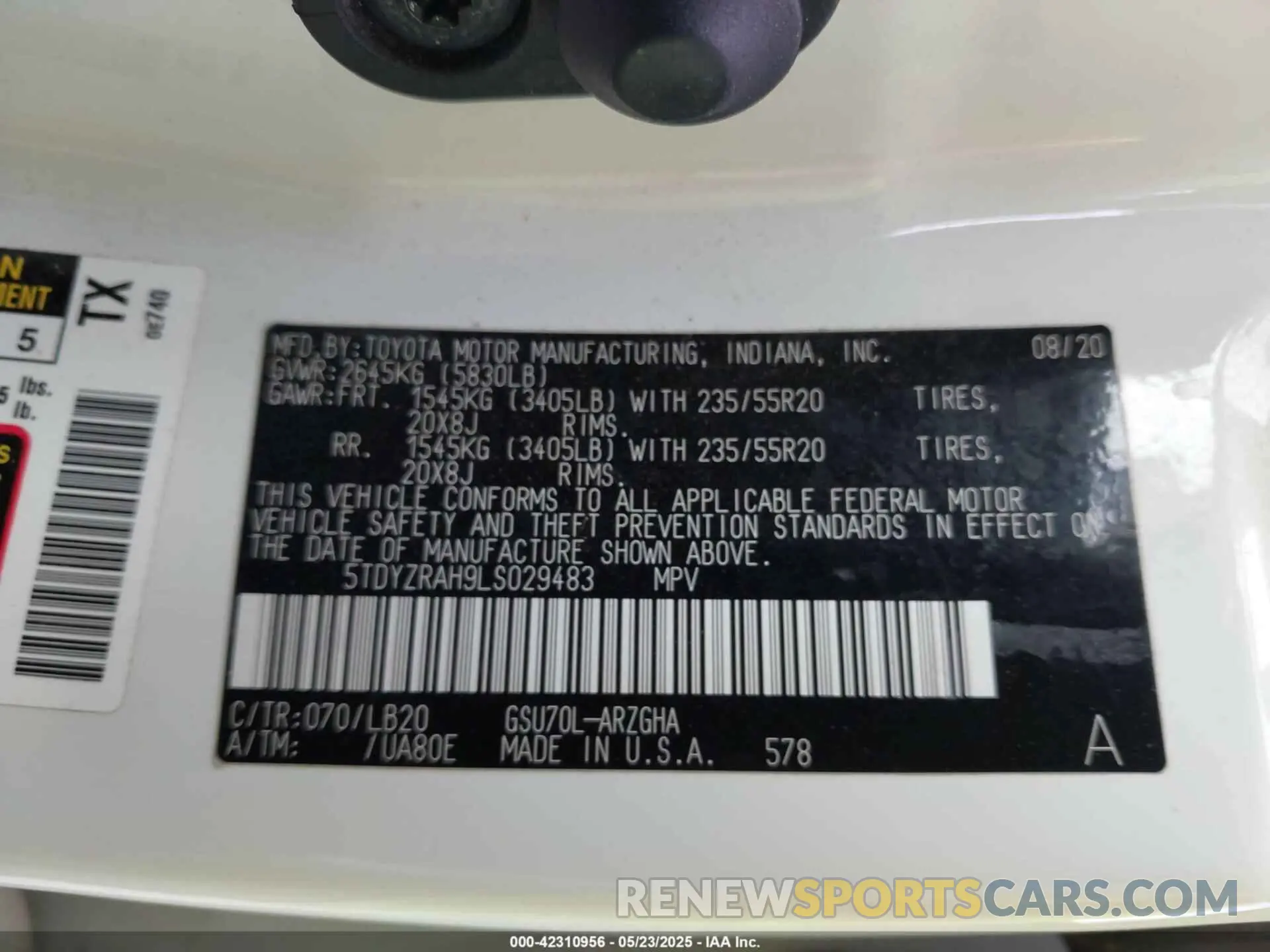 9 fotografías del automóvil dañado 5TDYZRAH9LS029483 TOYOTA HIGHLANDER 2020